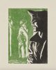 A lithograph in two colors, black and green, on cream paper, depicting two men in leather garb cruising in a woodland scene.