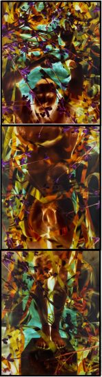 A colorful triptych of a nude man.