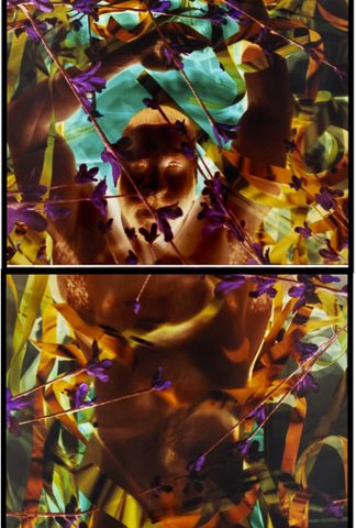 A colorful triptych of a nude man.