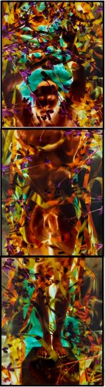 A colorful triptych of a nude man.