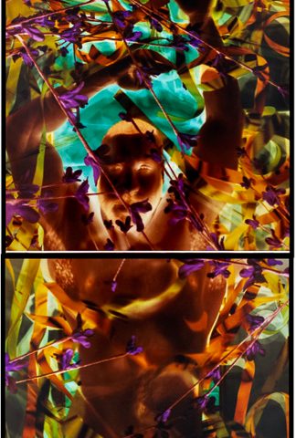 A colorful triptych of a nude man.