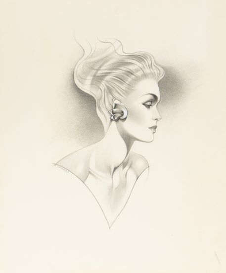 A drawing of a woman in profile wearing a large contemporary earring.