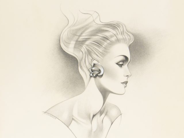 Click for sizes / editions / prices. A drawing of a woman in profile wearing a large contemporary earring.