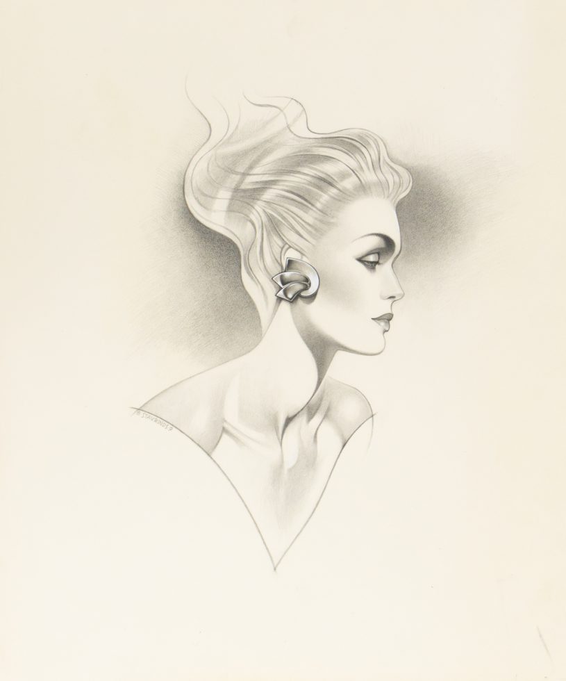A drawing of a woman in profile wearing a large contemporary earring.