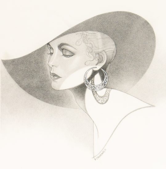 A drawing of a woman in a hat with large hoop earrings.