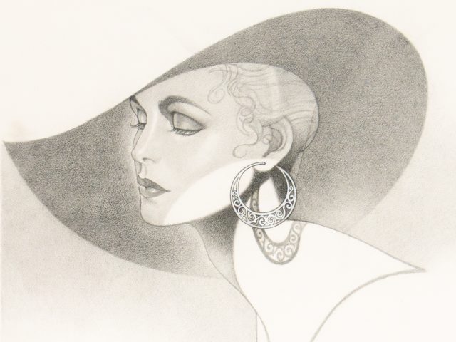 Click for sizes / editions / prices. A drawing of a woman in a hat with large hoop earrings.