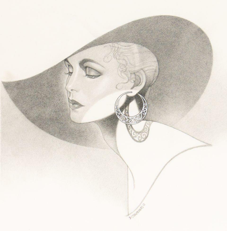 A drawing of a woman in a hat with large hoop earrings.