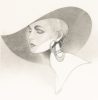 A drawing of a woman in a hat with large hoop earrings.