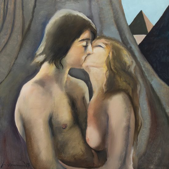 Click for sizes / editions / prices. A painting of two nude people kissing with pyramids in the background.