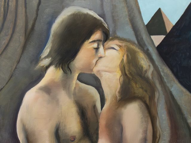 A painting of two nude people kissing with pyramids in the background.