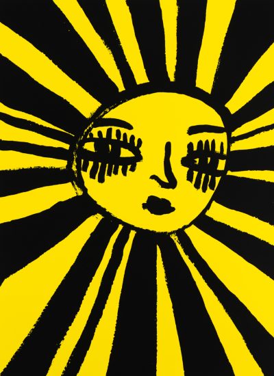 A cartoonish drawing of a sun with long eyelashes.