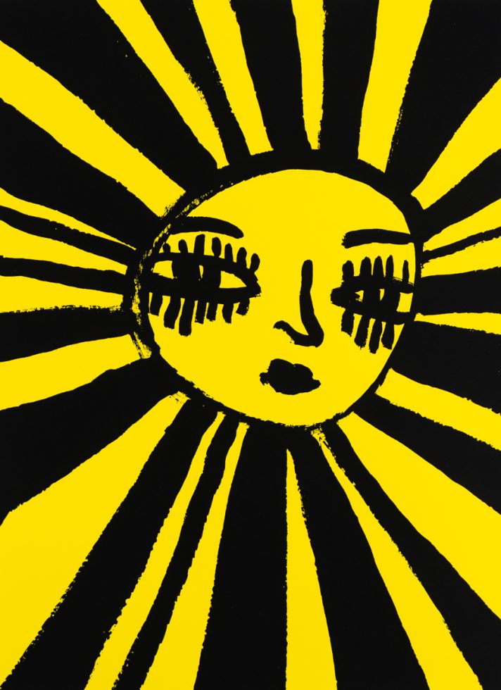 A cartoonish drawing of a sun with long eyelashes.