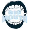 A logo with a large mouth opened showing teeth with baby blue text overlayed.