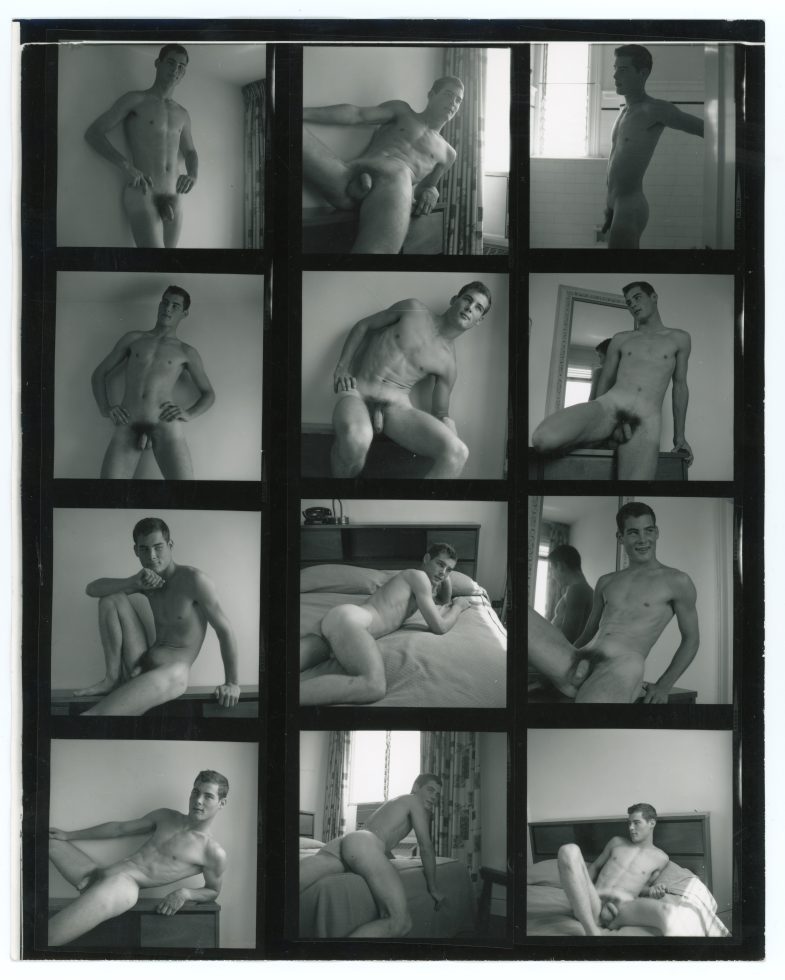 A black and white contact sheet of portraits of a nude male model.