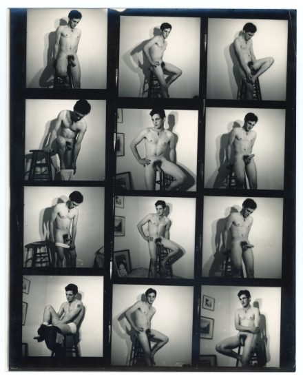 A black and white contact sheet of portraits of a nude male model.