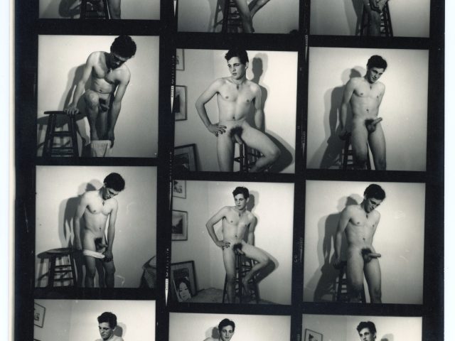 A black and white contact sheet of portraits of a nude male model.