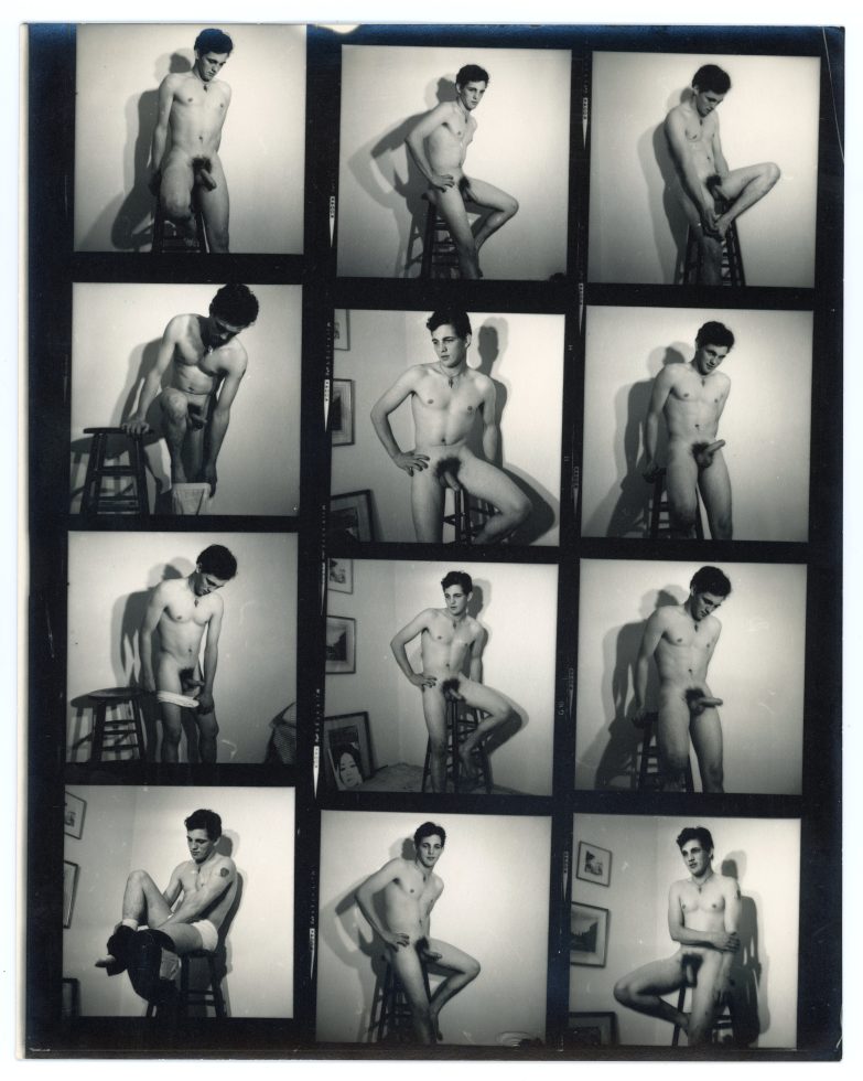 A black and white contact sheet of portraits of a nude male model.