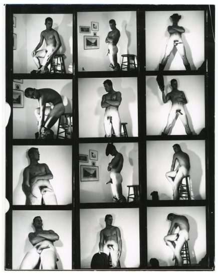 A black and white contact sheet of portraits of a nude male model.