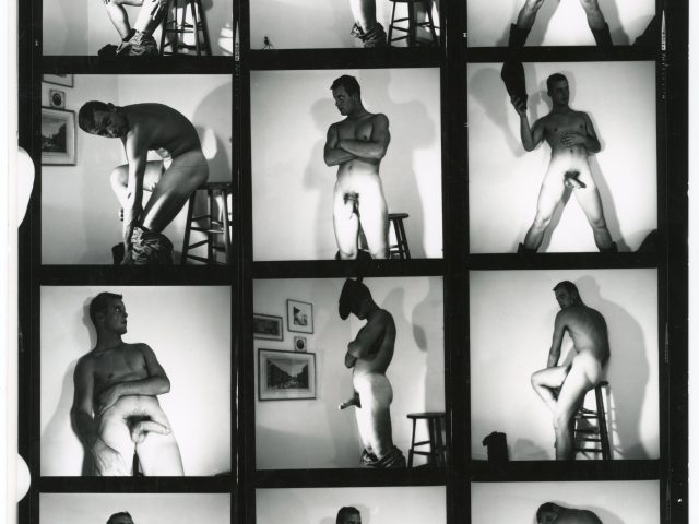 A black and white contact sheet of portraits of a nude male model.