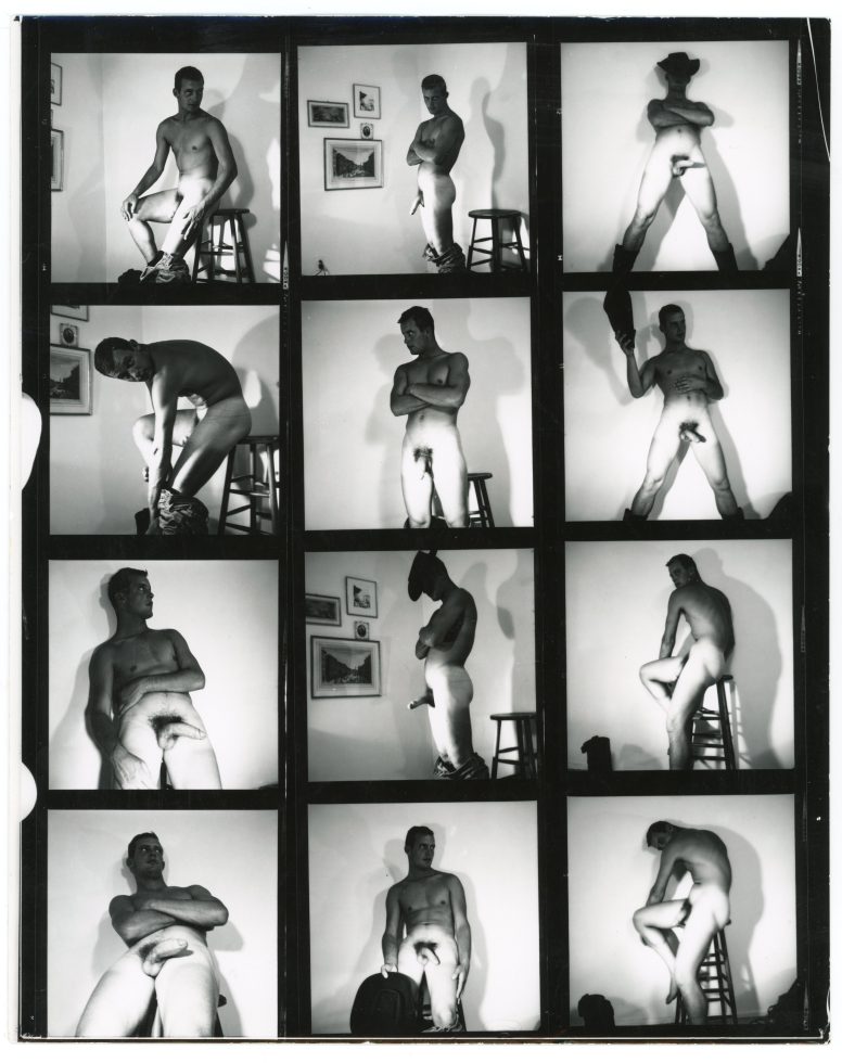 A black and white contact sheet of portraits of a nude male model.