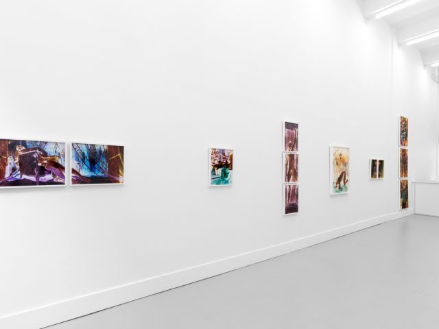 A photograph of a white-walled gallery space with colorful photographs on display.