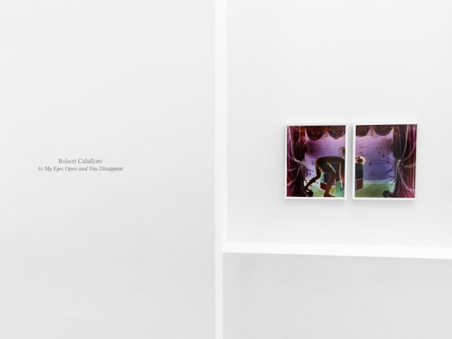 A photograph of a white-walled gallery space with colorful photographs on display.