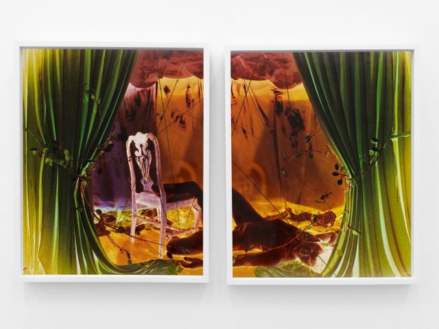 A photograph of a white-walled gallery space with colorful photographs on display.