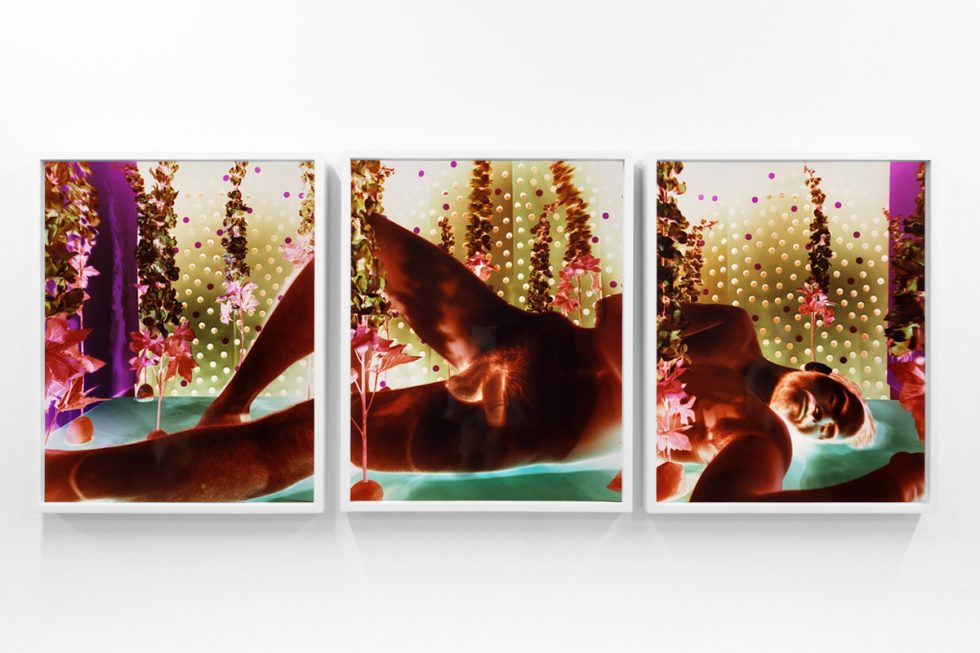 A photograph of a white-walled gallery space with colorful photographs on display.