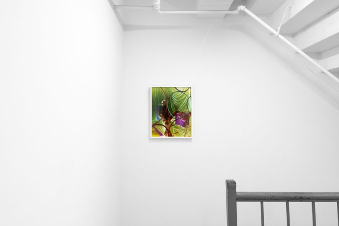A photograph of a white-walled gallery space with colorful photographs on display.