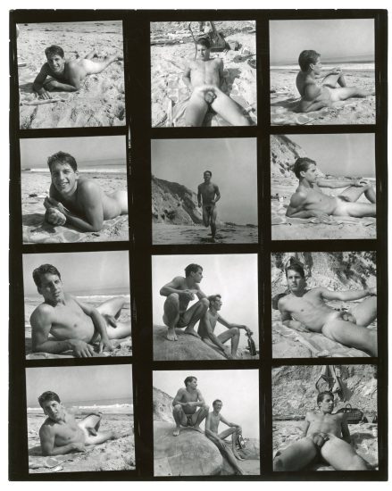 A black and white contact sheet of photographs of a nude young man on a beach.