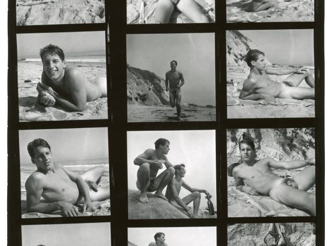 A black and white contact sheet of photographs of a nude young man on a beach.