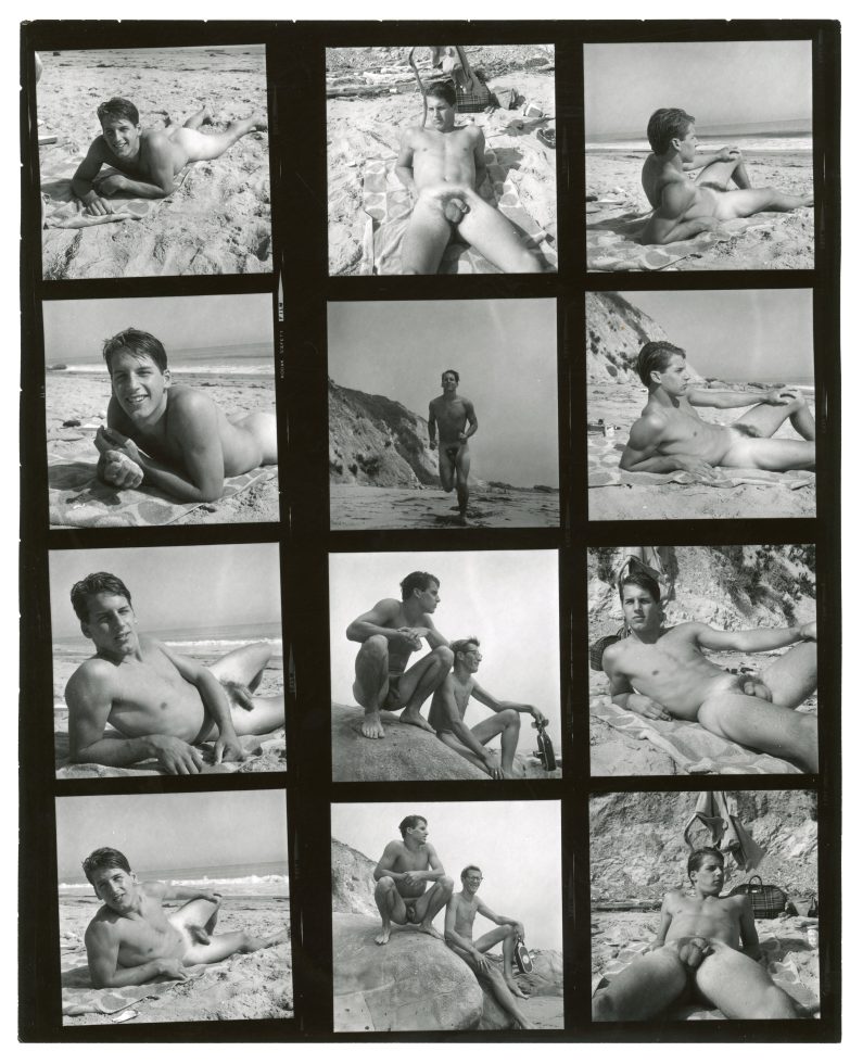 A black and white contact sheet of photographs of a nude young man on a beach.