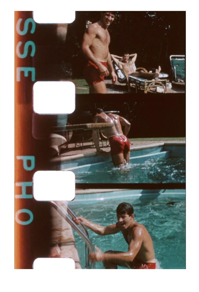 A scan of vintage color film of a shirtless man by a pool.