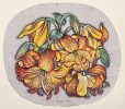 A colorful colored pencil drawing of a bunch of tiger lily flowers on an oval shaped piece of paper.