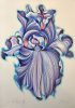 A colored pencil drawing of a single iris rendered in lavender and blue.