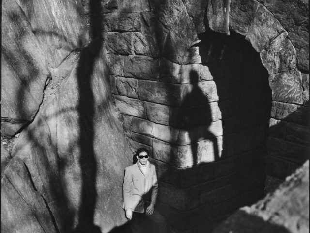 A black and white photograph of a man standing in a park.