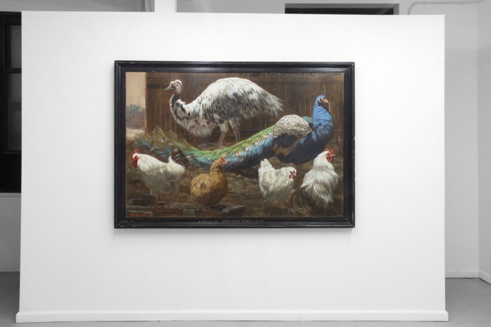 a painting of various chickens, a peacock, and a large grey bird.