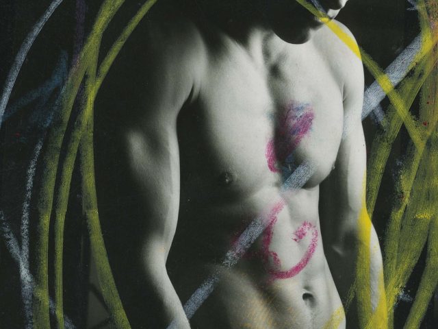 A black and white photograph of. shirtless man.