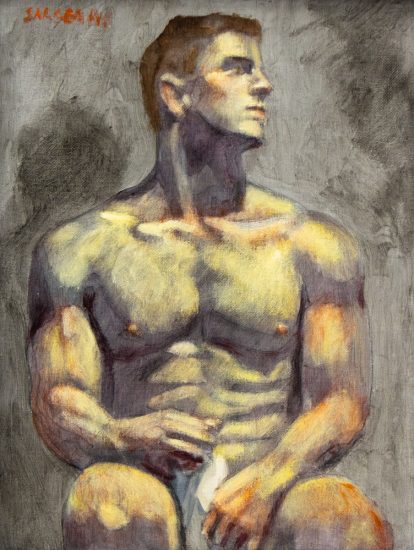 A painting of a shirtless man seated and looking to the side.
