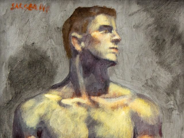 A painting of a shirtless man seated and looking to the side.