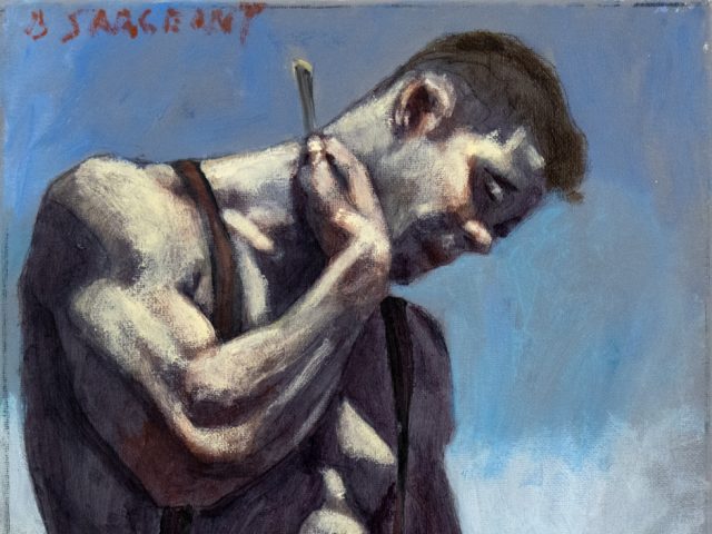 A painting of a shitless man tidying up beside basin.