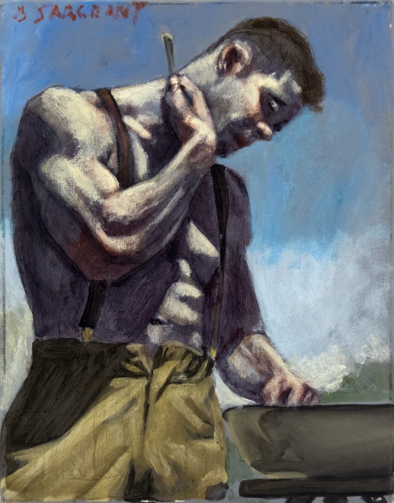 A painting of a shitless man tidying up beside basin.