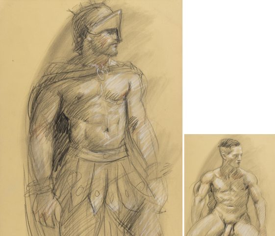 A drawing of a man in a gladiator costume.