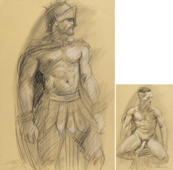 A drawing of a man in a gladiator costume.