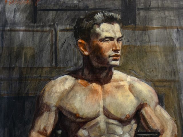 a painting of a muscular man seated against a stone wall.