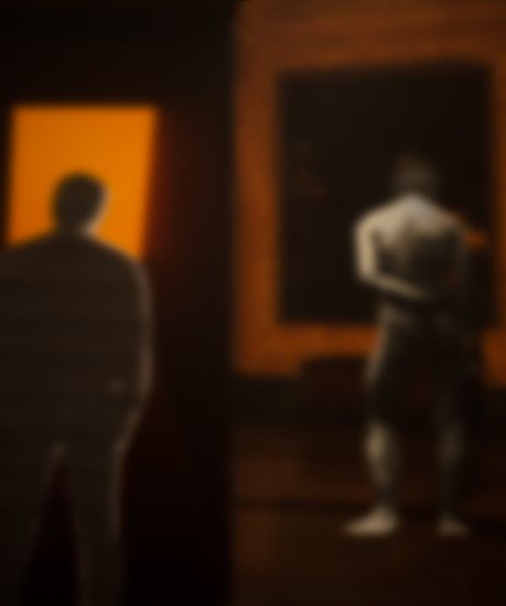 An orange-hued image of two figures.