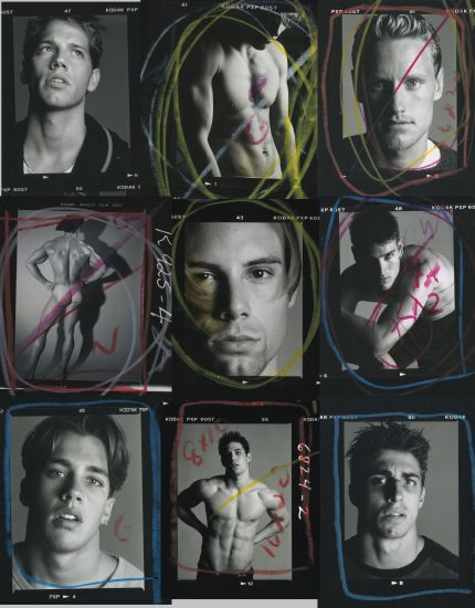 A black and white contact sheet of portraits of various men.