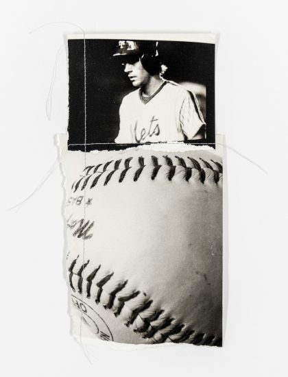 A black and white photo collage of a player and a baseball.