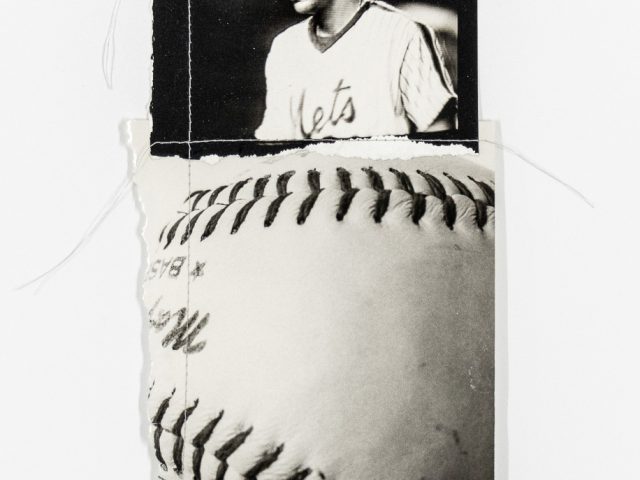 A black and white photo collage of a player and a baseball.