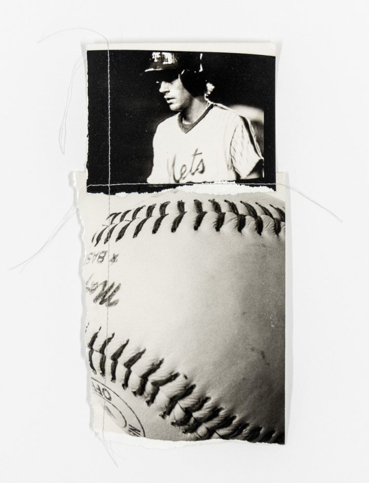 A black and white photo collage of a player and a baseball.